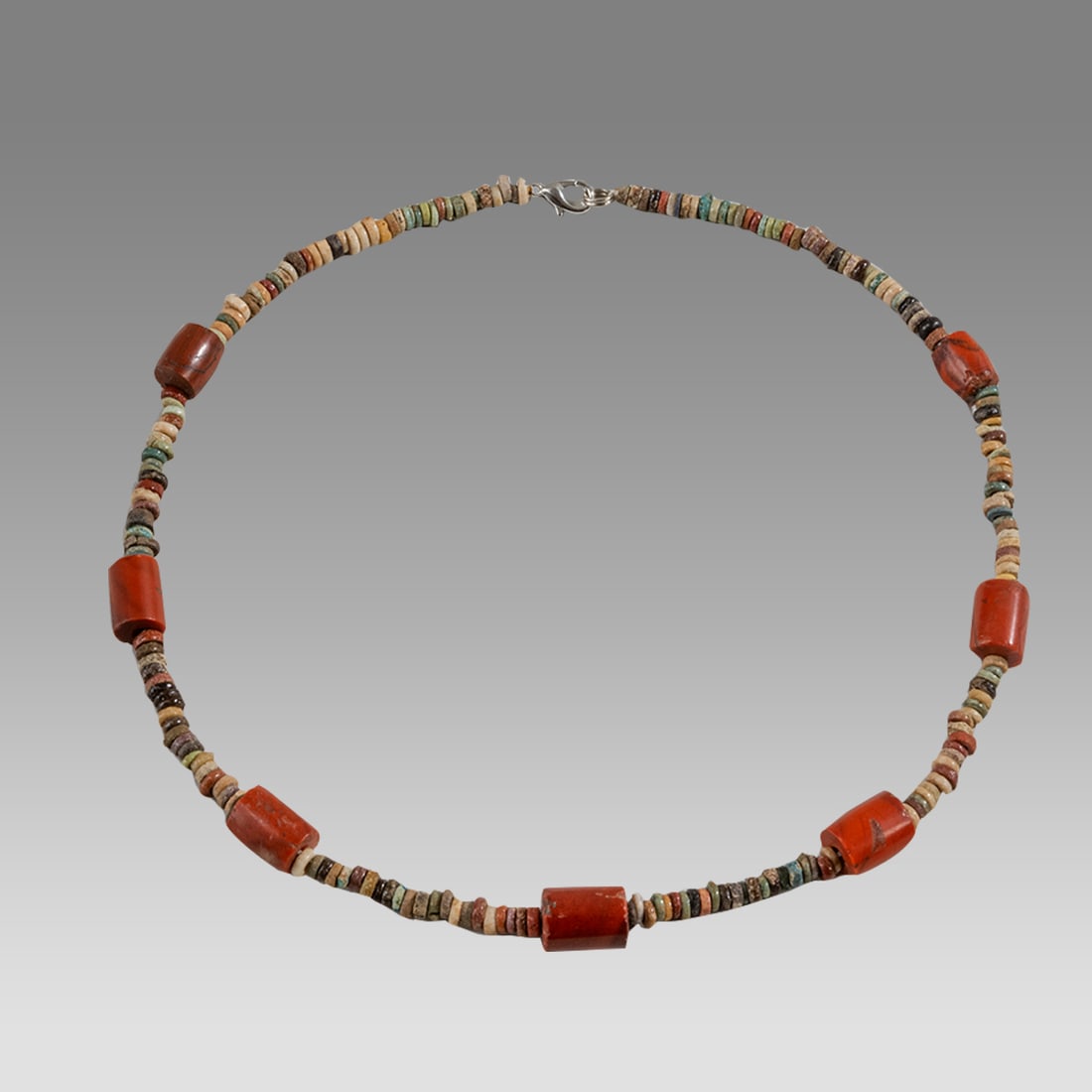 Ancient Egyptian Faience, Bead Necklace c.300-50 BC.: Ancient Egyptian Faience, Bead Necklace c.300-50 BC. Size 18 inches length. Great Looking single strand Faience Bead necklace with Jasper beads of later period. wearable. Provenance: Ex Secret Eyes Ga