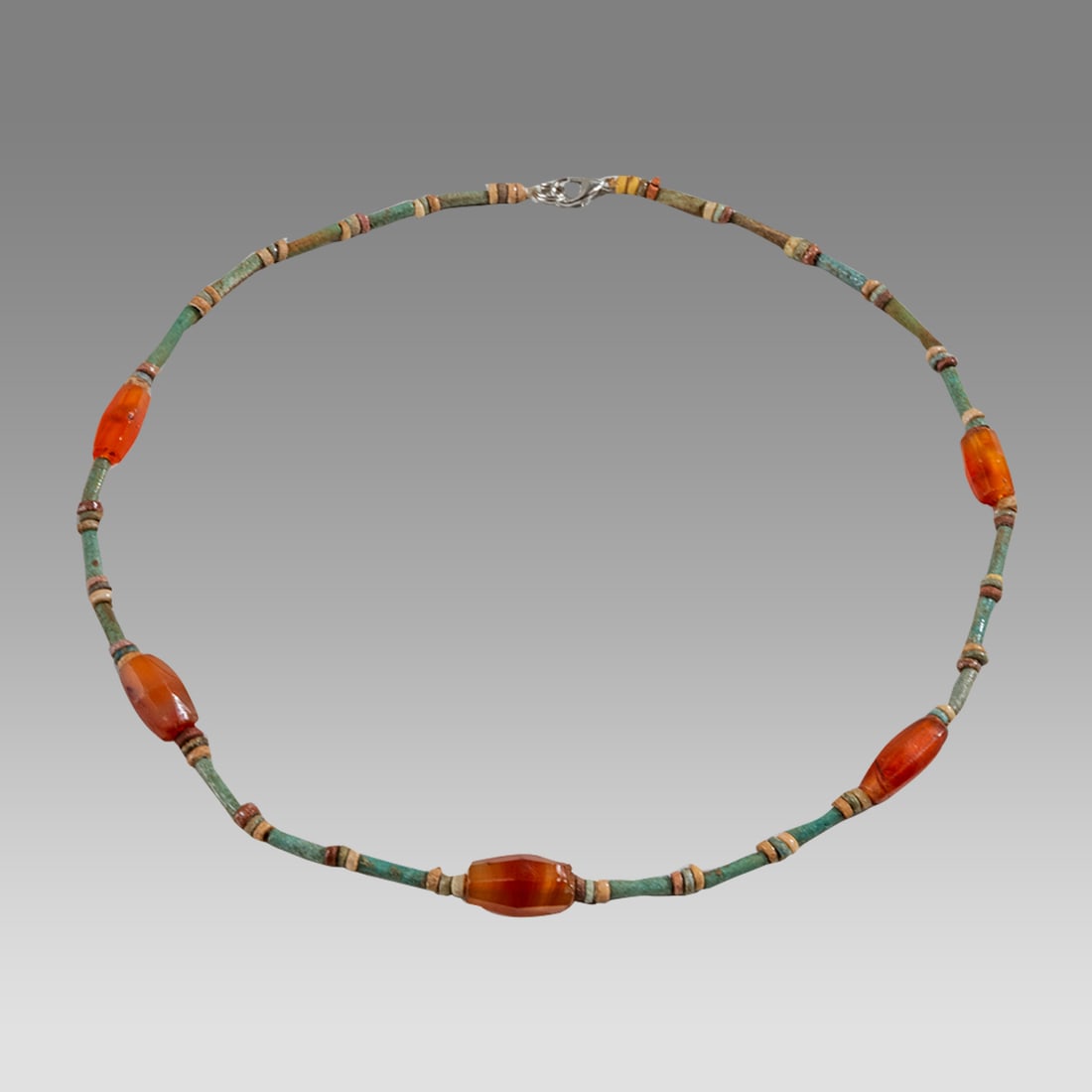 Ancient Egyptian Faience, Bead Necklace c.300-50 BC.: Ancient Egyptian Faience, Bead Necklace c.300-50 BC. Size 18 1/2 inches length. Great Looking single strand Faience Bead necklace with Agate beads of later period. wearable. Provenance: Ex Secret Eyes