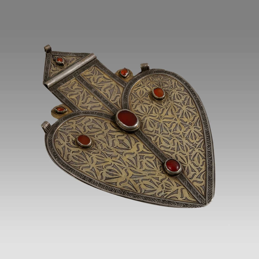 Turkoman Silver Pendant Asyk heart with carnelian stones, (1 of 2)