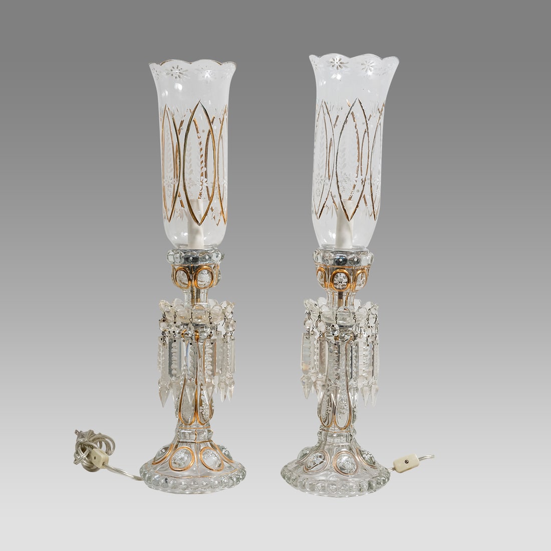 Pair of Baccarat Enameled, Hurricane Candelabras.: Pair of Baccarat Enameled, Hurricane Candelabras. size 22 inches high. Fine pair of lamps, decorated with enamel floral design. Made fro the Persian market
