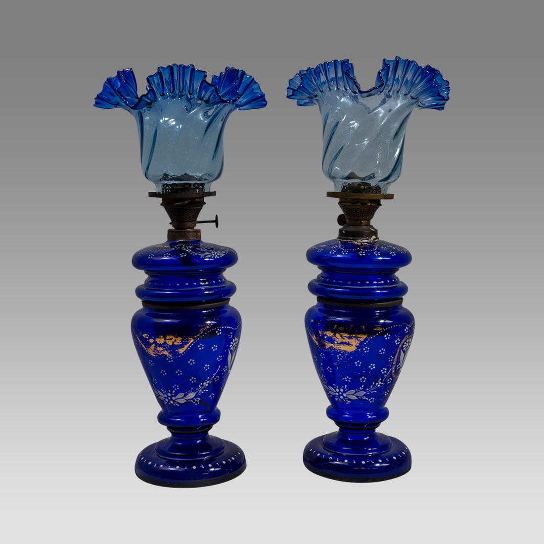 Antique Bristol Pair of Enameled Blue Glass Oil Lamps. (1 of 2)