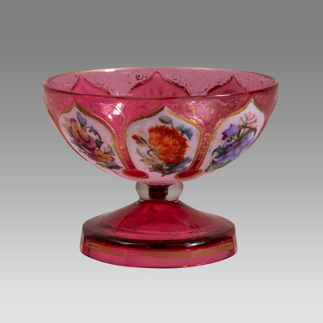19th century Bohemian Glass Footed Bowl.: 19th century Bohemian Glass Footed Bowl. Size 4 inches diameter, 3 inches high. Red and white two layers Bohemian glass footed bowl with enamel.