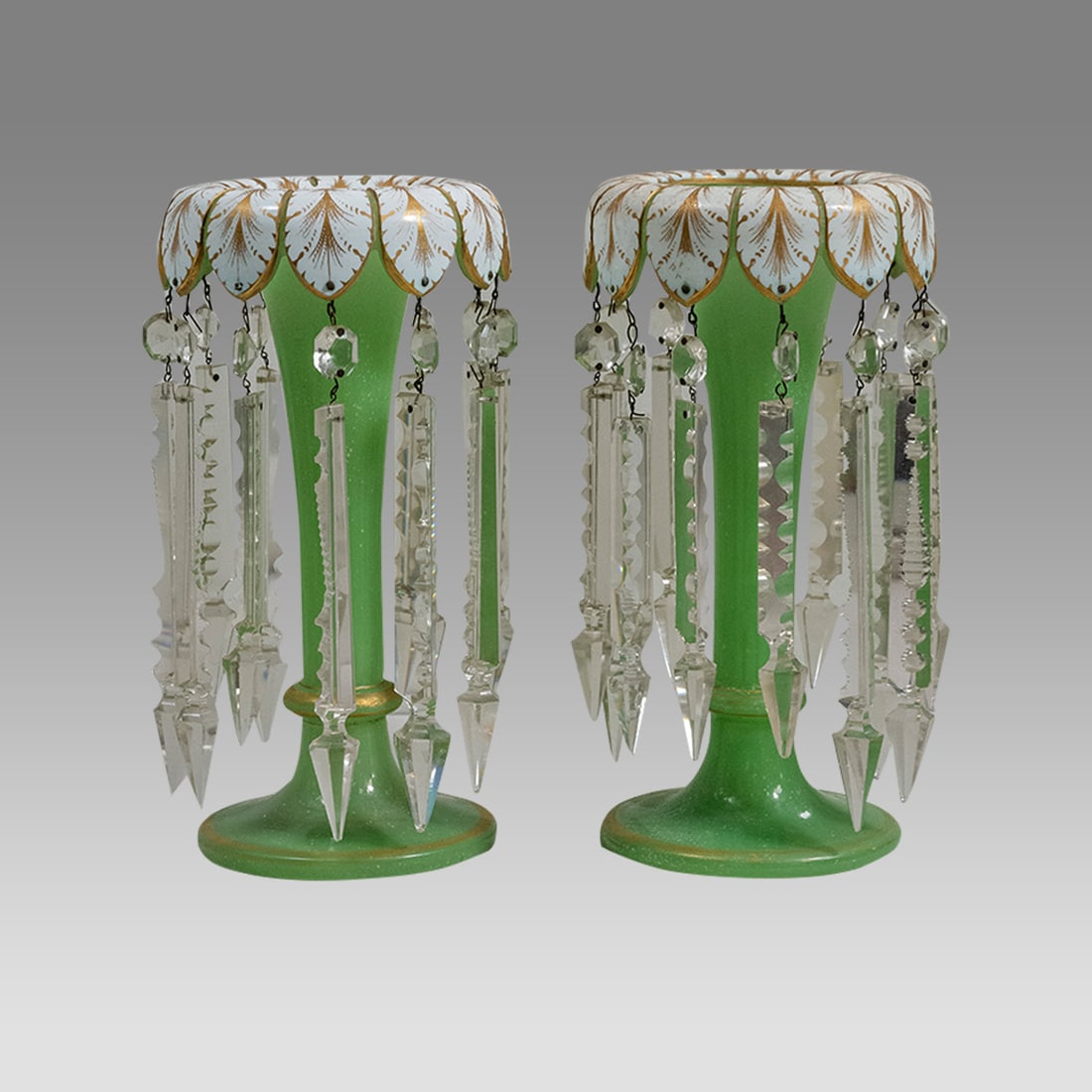 19th century Opaline Green Glass Lusters.: 19th century Opaline Green Glass Lusters. Size 10 5/8 inches high, 5 3/8 inches diameter. Beautiful Green and white glass lusters with crystal drops.
