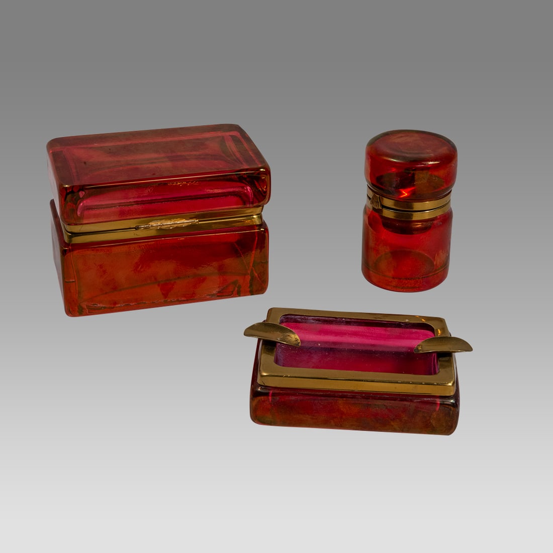 A Set of 3 Vintage Ruby Red Casket Glass Box, Ashtray and Lighter. (1 of 2)