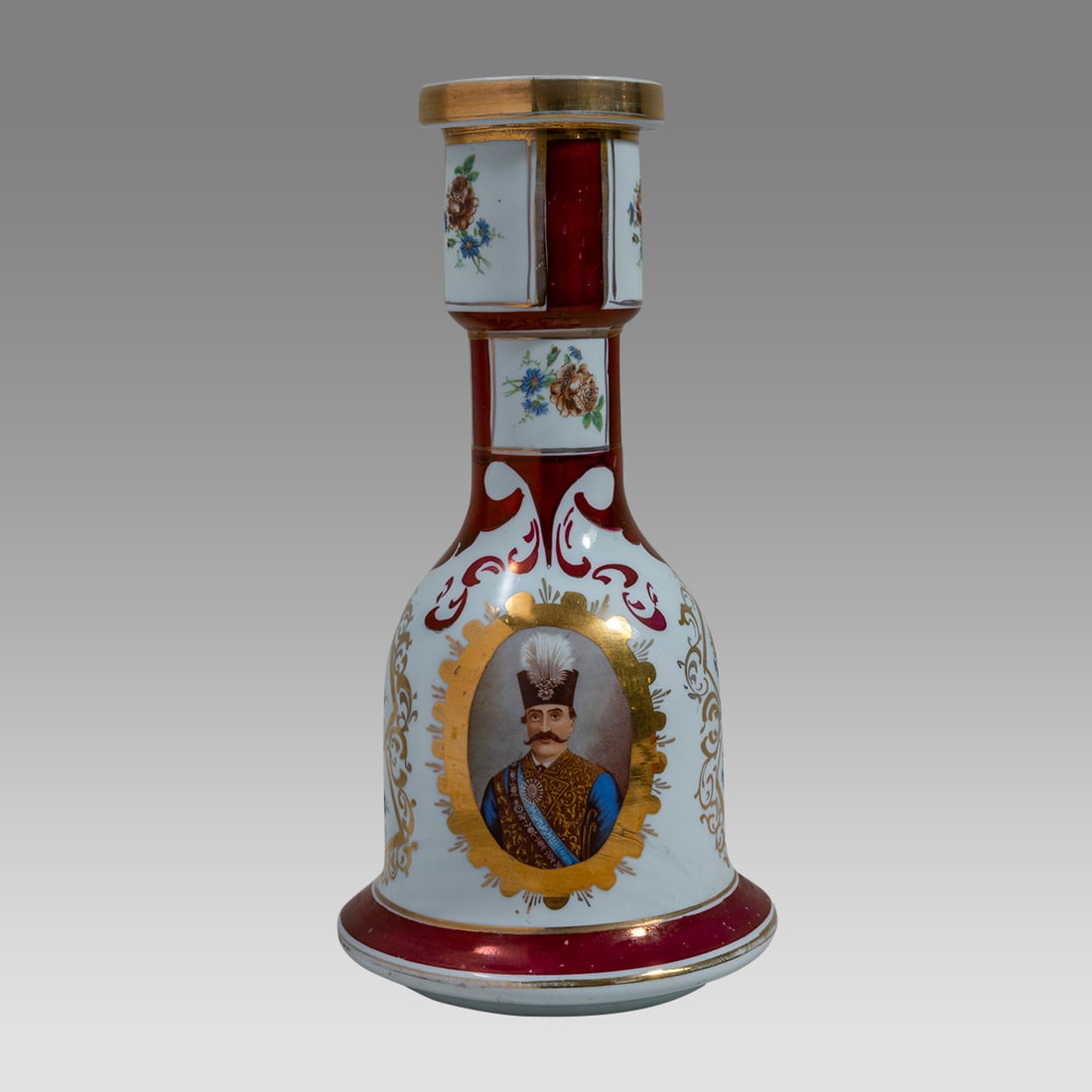 Antique Persian Qajar Porcelain Hookah Bottle with Two Shah Portrait.: Antique Persian Qajar Porcelain Hookah Bottle with Two Shah Portrait. Size 10 7/8 inches high. Fine Porcelain hookah bottle with two portrait of Shah, floral design between.