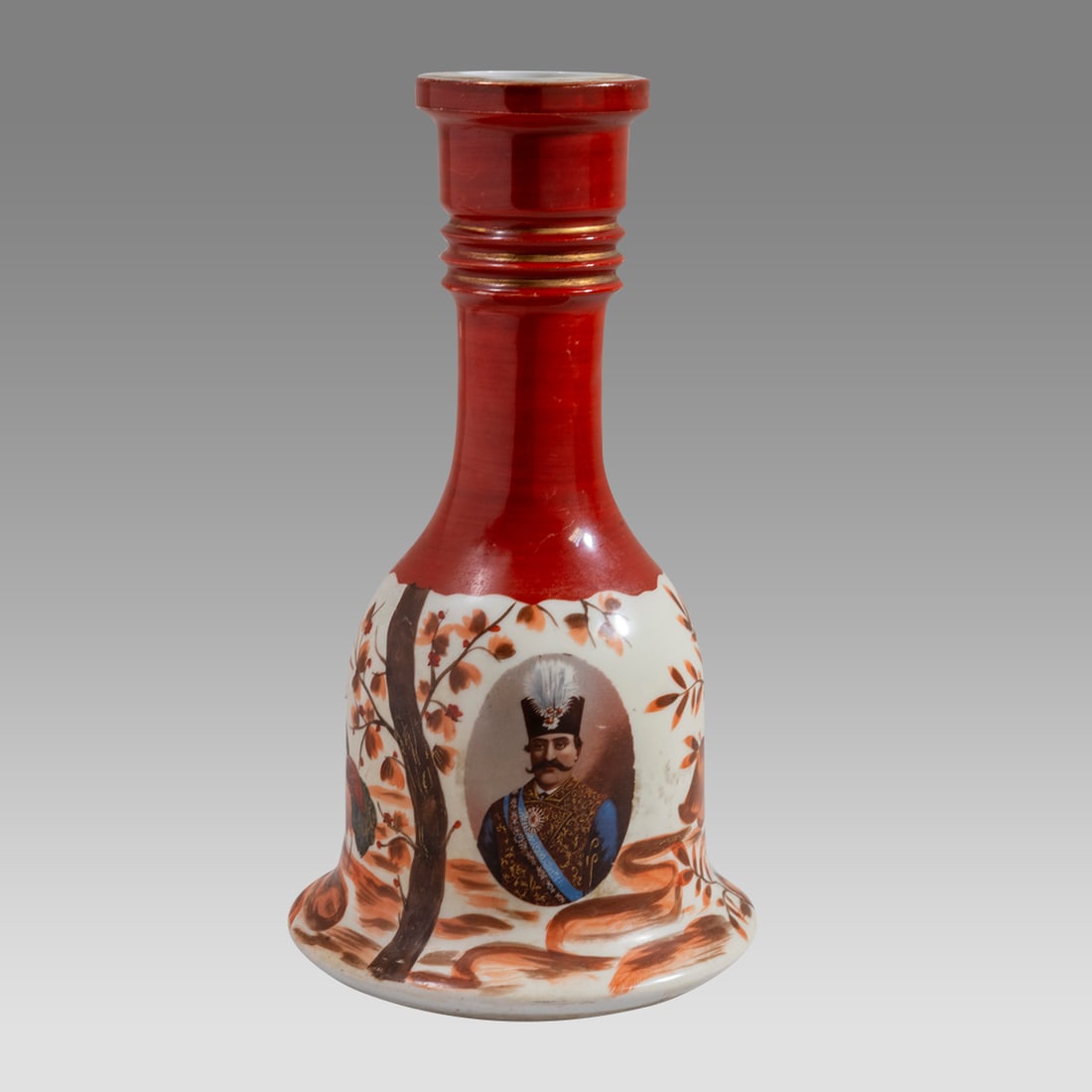 Antique Persian Qajar Porcelain Hookah Bottle with Two Shah Portrait.: Antique Persian Qajar Porcelain Hookah Bottle with Two Shah Portrait. Size 9 3/4 inches high. Fine Porcelain hookah bottle with two portrait of Shah, floral design between.