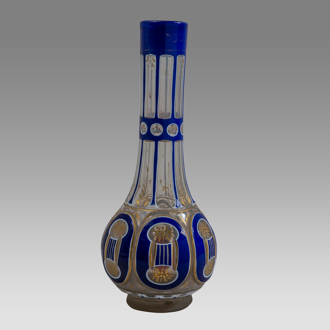 Antique Persian Bohemian Glass Hookah Bottle.: Antique Persian Bohemian Glass Hookah Bottle. Size 11 1/4 inches high. Fine 3 layers Bohemian footed Hookah base with gilded scrollling decoration.