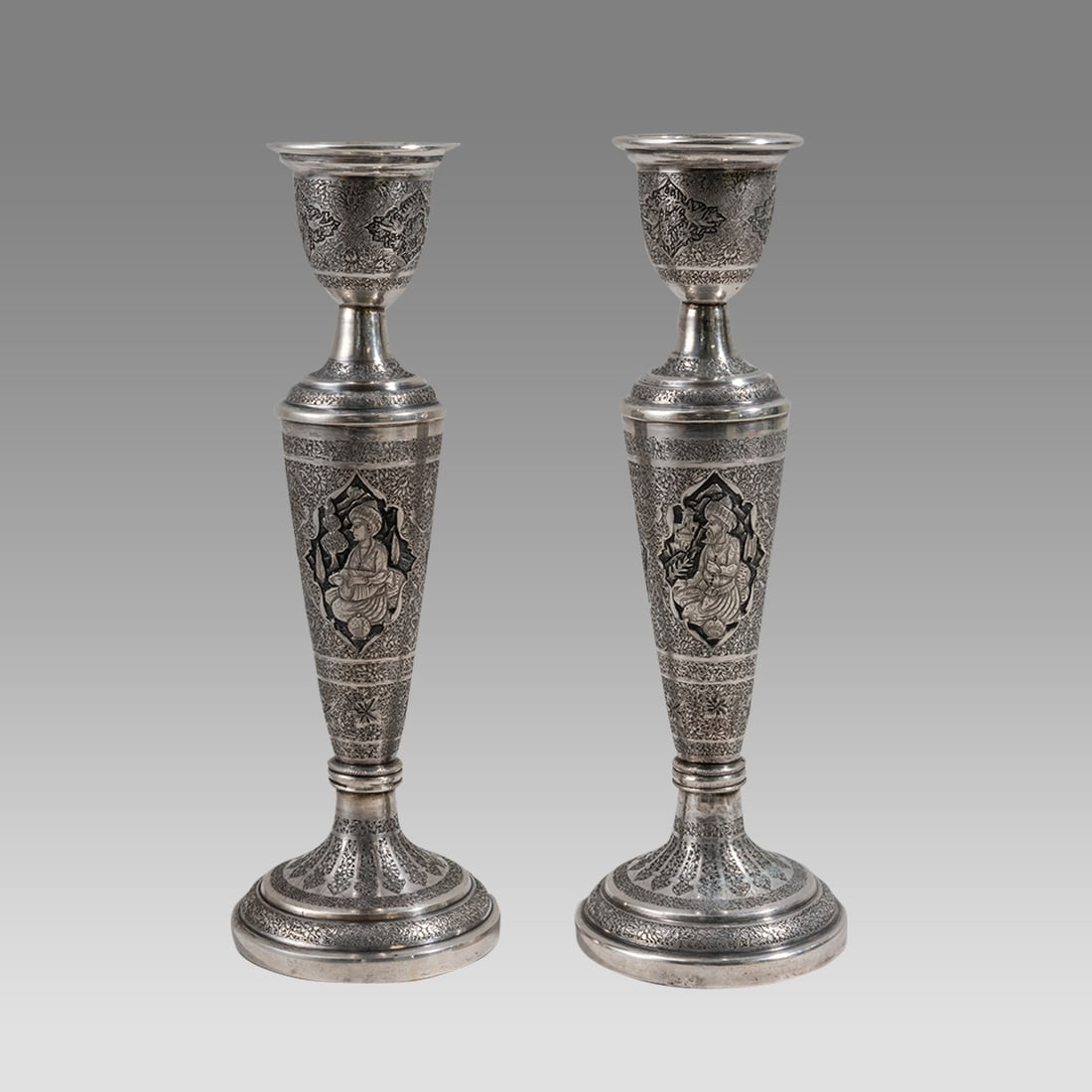 Fine Persian Silver Pair of Candlesticks. (1 of 3)