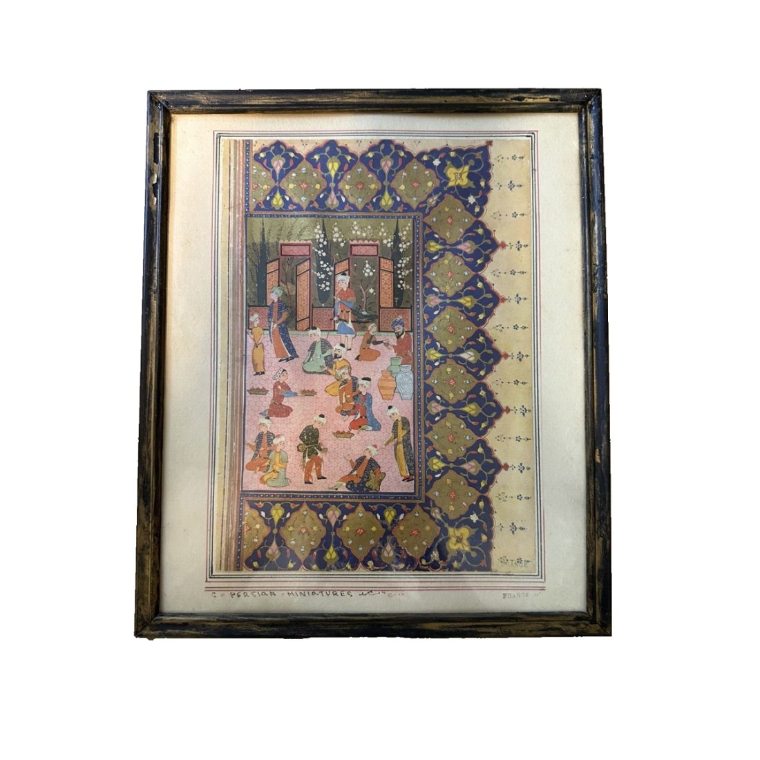 Vintage, Persian Miniature Print from Shahnameh Book.: Vintage, Persian Miniature Print from Shahnameh Book. France 1960. Size of Frame 12 3/4 x 10 3/4 inches. Fine print of a Shanameh Book Page. Custom frame.