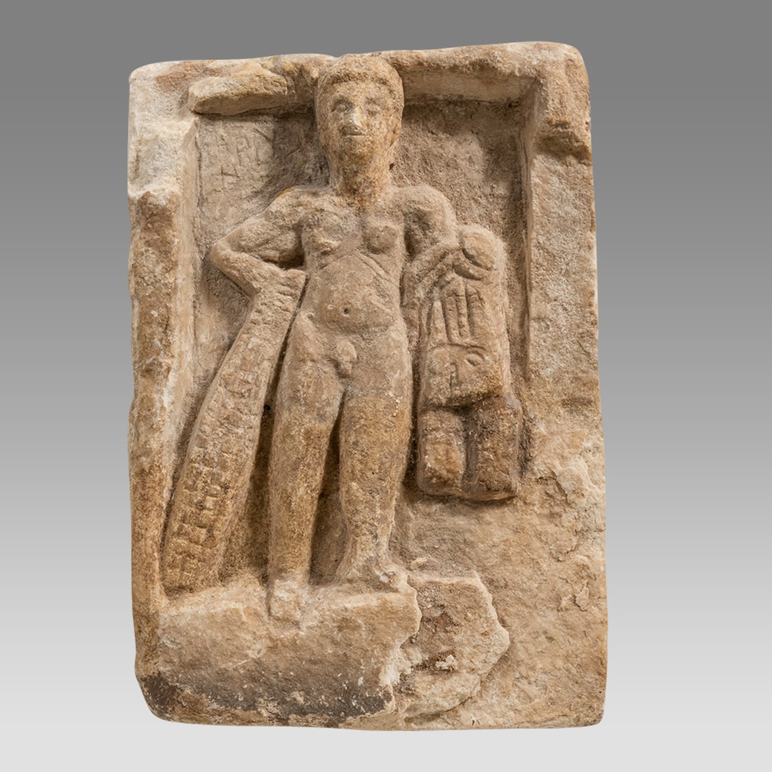 Ancient Roman Alabaster Stele With Hercules c.1st-2nd century AD.: Ancient Roman Alabaster Stele With Hercules c.1st-2nd century AD. Size 9 1/2 inches high. 6 1/2 inches wide. Fine carved Alabaster stele with a relief of a standing nude figure of Hercules holding clu