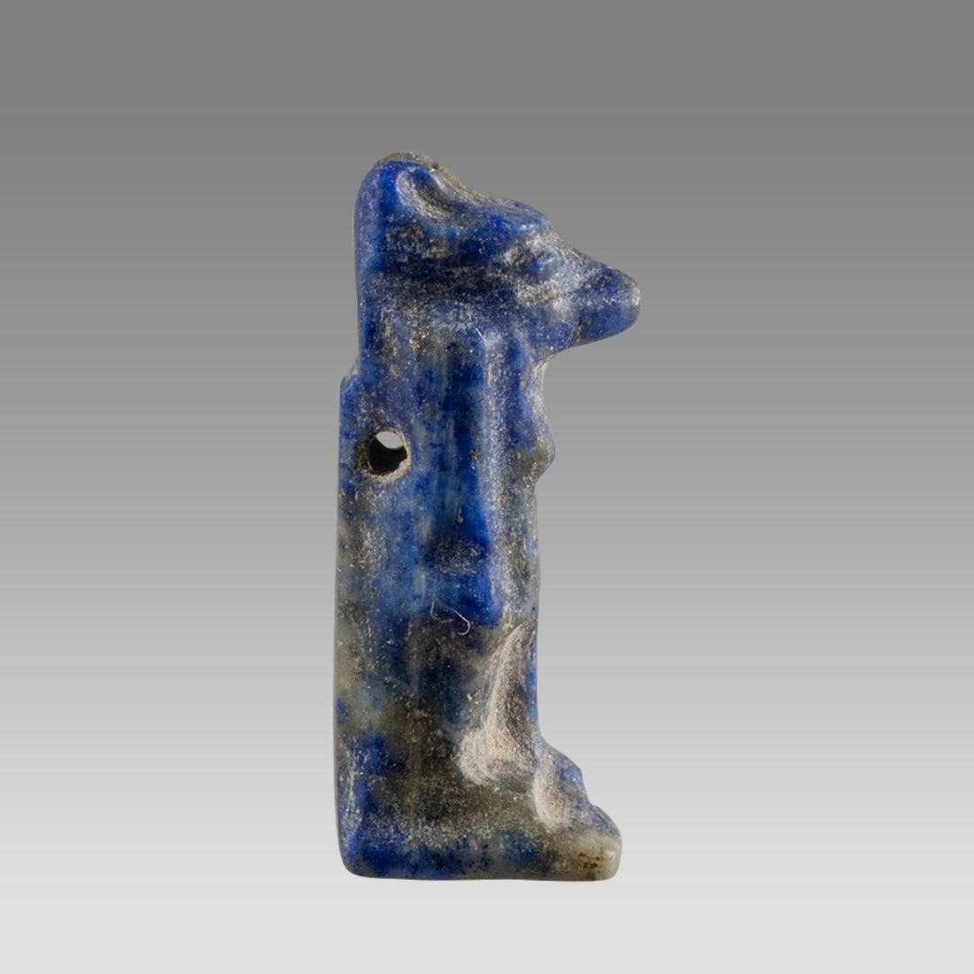 Ancient Egyptian Lapis Lazuli Anubis Amulet c.300-50 BC.: Ancient Egyptian Lapis Lazuli Anubis Amulet c.300-50 BC. Size 20 mm. Fine carved lapis lazuli Anubis god amulet, suspension hole through the back. Provenance: Ex Secret Eyes Gallery New York 1970's-19