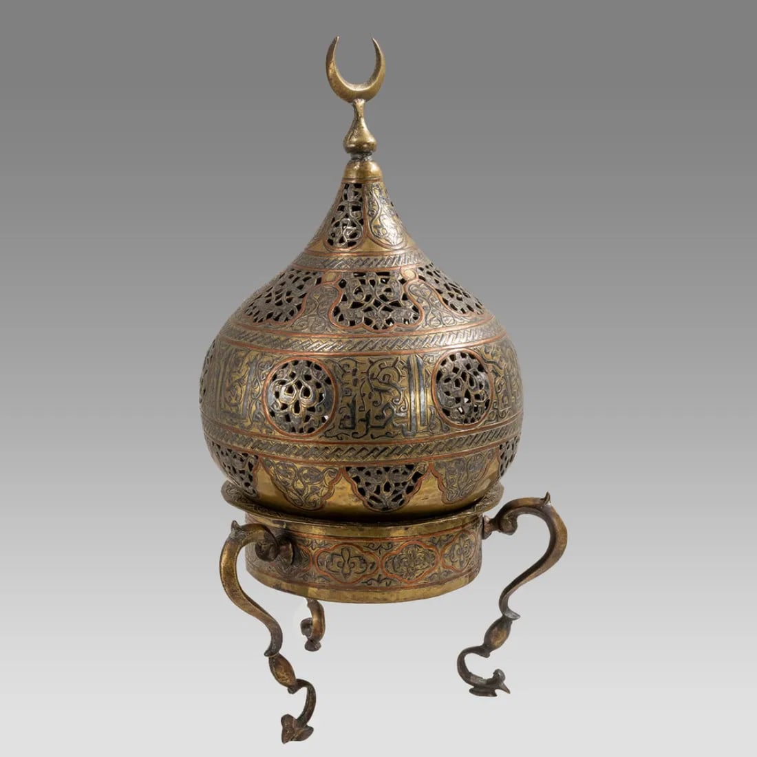 Antique Syrian Mamluk Revival Silver Inlaid Brass Incense Burner. (1 of 2)