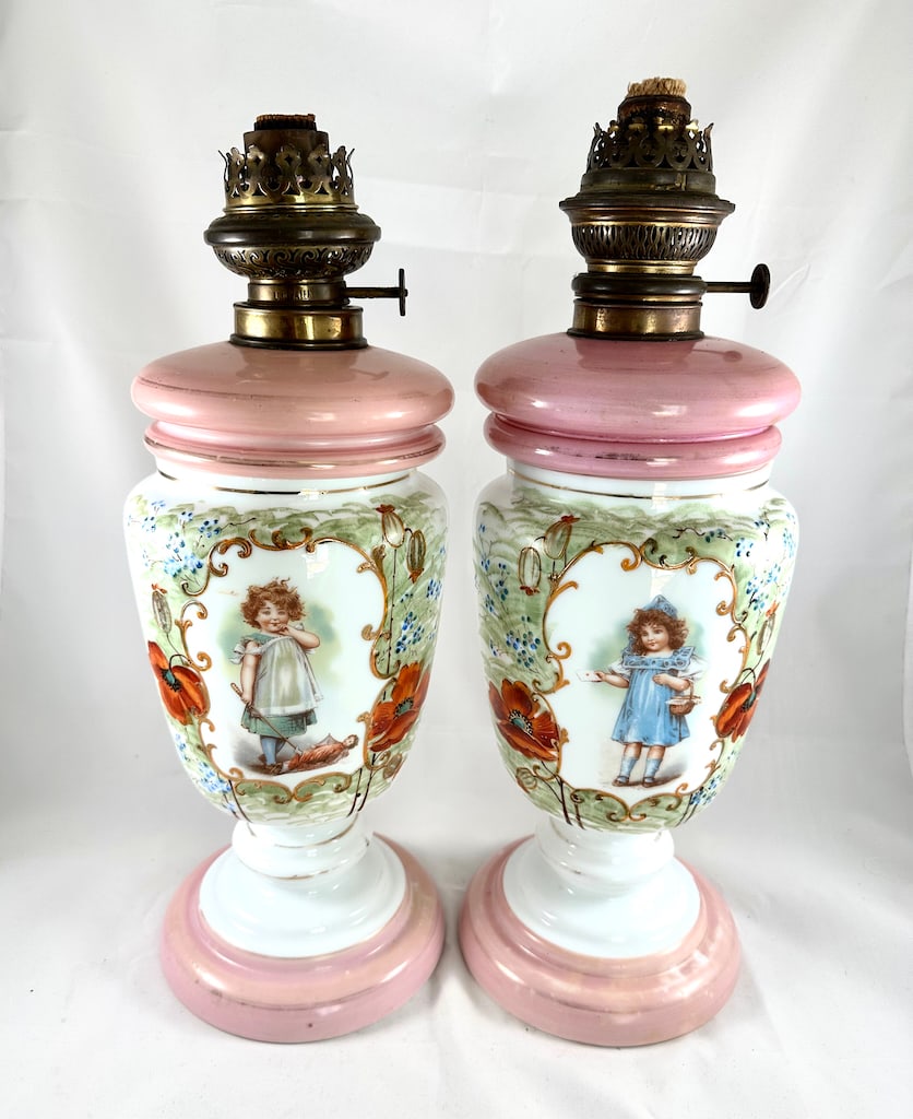 Pair of original Kosmos Bristol opaline hand painted portrait glass oil lamps (1 of 7)