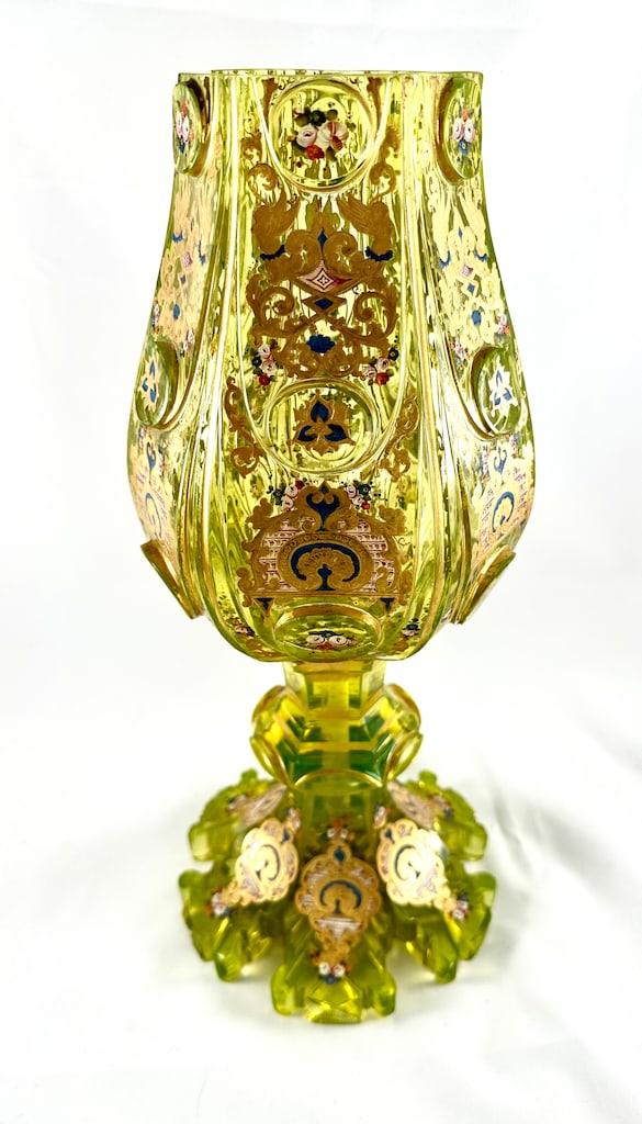 Biedermeier Moser Amazing huge and heavy gold gilt cut to clear Vaseline glass (1 of 17)