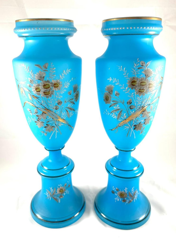 Pair of hand painted Bristol opaline possibly bohemian vases (1 of 5)