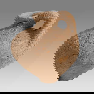 Ancient Holy Land Bronze Age Pottery Vessel c.2100 BC.: Ancient Holy Land Bronze Age Pottery Vessel c.2100 BC. Size 2 3/4 inches high.+ stand. A small pottery jug with loop type handle having round spout with flat base. Custom stand. Provenance: From The