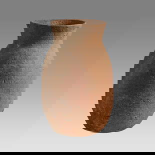 Ancient Holy Land Bronze Age Pottery Vessel c.2200 BC.: Ancient Holy Land Bronze Age Pottery Vessel c.2200 BC. Size 5 1/2 inches high. A pottery jar having cylindrical shape with flat base. Provenance: From The estate of Rev. Boyce M. Bennett, THD,