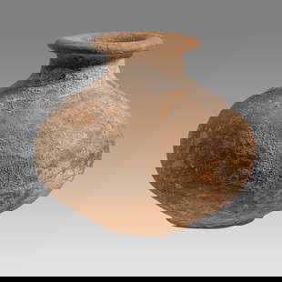 Ancient Holy Land Bronze Age Pottery Vessel c.2500 BC.: Ancient Holy Land Bronze Age Pottery Vessel c.2500 BC. Size 3 3/8 inches high. A pottery jar having flat base. Provenance: From The estate of Rev. Boyce M. Bennett, THD, archeologist, old testament