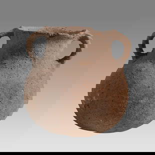 Ancient Holy Land chalcolithic Pottery Vessel c.3500-3200 BC.: Ancient Holy Land chalcolithic Pottery Vessel c.3500-3200 BC. Size 5 1/2 inches high. A pottery jar having twin handles with flat base. Provenance: From The estate of Rev. Boyce M. Bennett, THD,