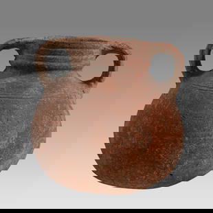 Ancient Holy Land chalcolithic Pottery Vessel c.3500-3200 BC.: Ancient Holy Land chalcolithic Pottery Vessel c.3500-3200 BC. Size 6 1/2 inches high. A red pottery jar having twin handles with round base. Custom ring base. Provenance: From The estate of Rev.