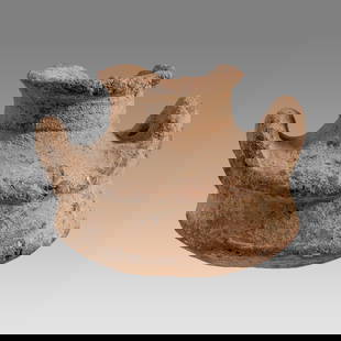 Ancient Holy Land Iron Age Pottery Pyxis c.1400 BC.: Ancient Holy Land Iron Age Pottery Pyxis c.1400 BC. Size 2 5/8 inches high. 3 1/2 inches widest point. Twin handled pottery jar with round base. Comes with Ring stand. Provenance: From The estate of