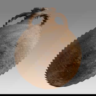 Ancient Holy Land Bronze Age Pottery Piligrim Flask Late Bronze Age c.1500 BC.: Ancient Holy Land Bronze Age Pottery Piligrim Flask Late Bronze Age c.1500 BC. Size 9 1/4 inches high.7 inches widest point. A Holy Land terracotta twin handled piligrim flask, featuring a wide,