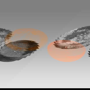 Lot of 2 Ancient Holy Land Iron Age Pottery Bowls c.900 BC.: Lot of 2 Ancient Holy Land Iron Age Pottery Bowls c.900 BC. Size 4 - 5 3/8 inches diameter, 1 - 1 1/4 inches high. A collection of 2 small red pottery bowls/plate Iron Age daily use in the First