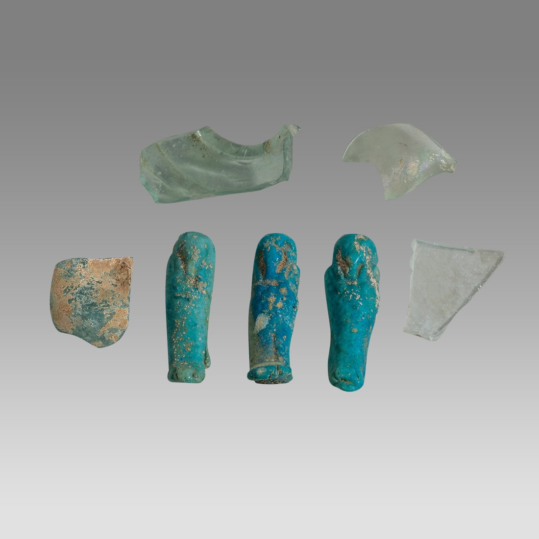 Lot of 3 Egyptian Faience Ushabties, Roman Glass Fragments c.300 BC-300 AD. (1 of 2)