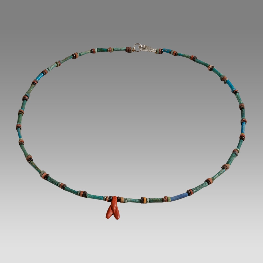 Ancient Egyptian Faience, Bead Necklace c.300-50 BC.: Ancient Egyptian Faience, Bead Necklace c.300-50 BC. Size 17 3/8 inches length. Great Looking single strand Faience Bead necklace with modern bee amulet. wearable. Provenance: Ex Secret Eyes Gallery N