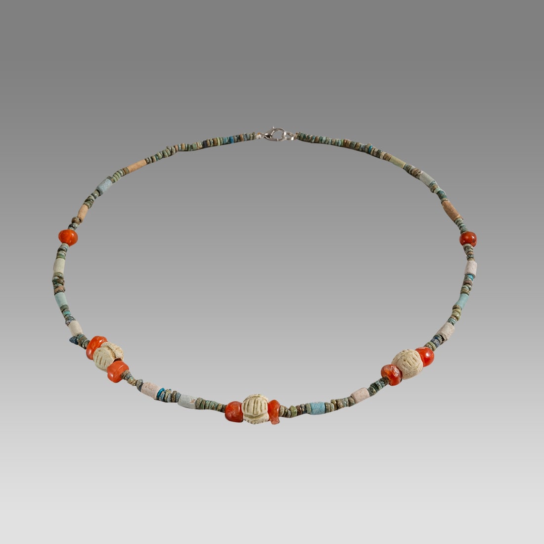 Ancient Egyptian Faience, bead Necklace c.300-50 BC.: Ancient Egyptian Faience, bead Necklace c.300-50 BC. Size 18 3/4 inches length. Great Looking single strand Faience Bead necklace mixed with agate beads. wearable. Provenance: Ex Secret Eyes Gallery N