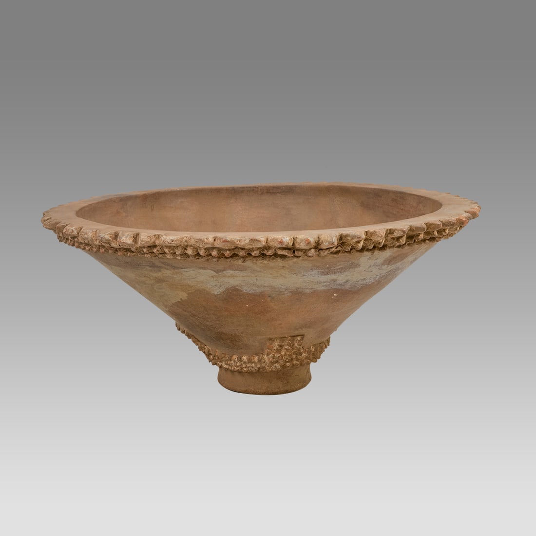 Ancient Pre Columbian Large Pottery Top Of Incensario, Tarascan Culture) Mexico.: Ancient Pre Columbian Large Pottery Top Of Incensario, Tarascan Culture) Mexico. Size 13 3/4 inches diameter, 6 inches high. Large thick walled pottery bowl cone shaped. Provenance: EX: Seymour collec