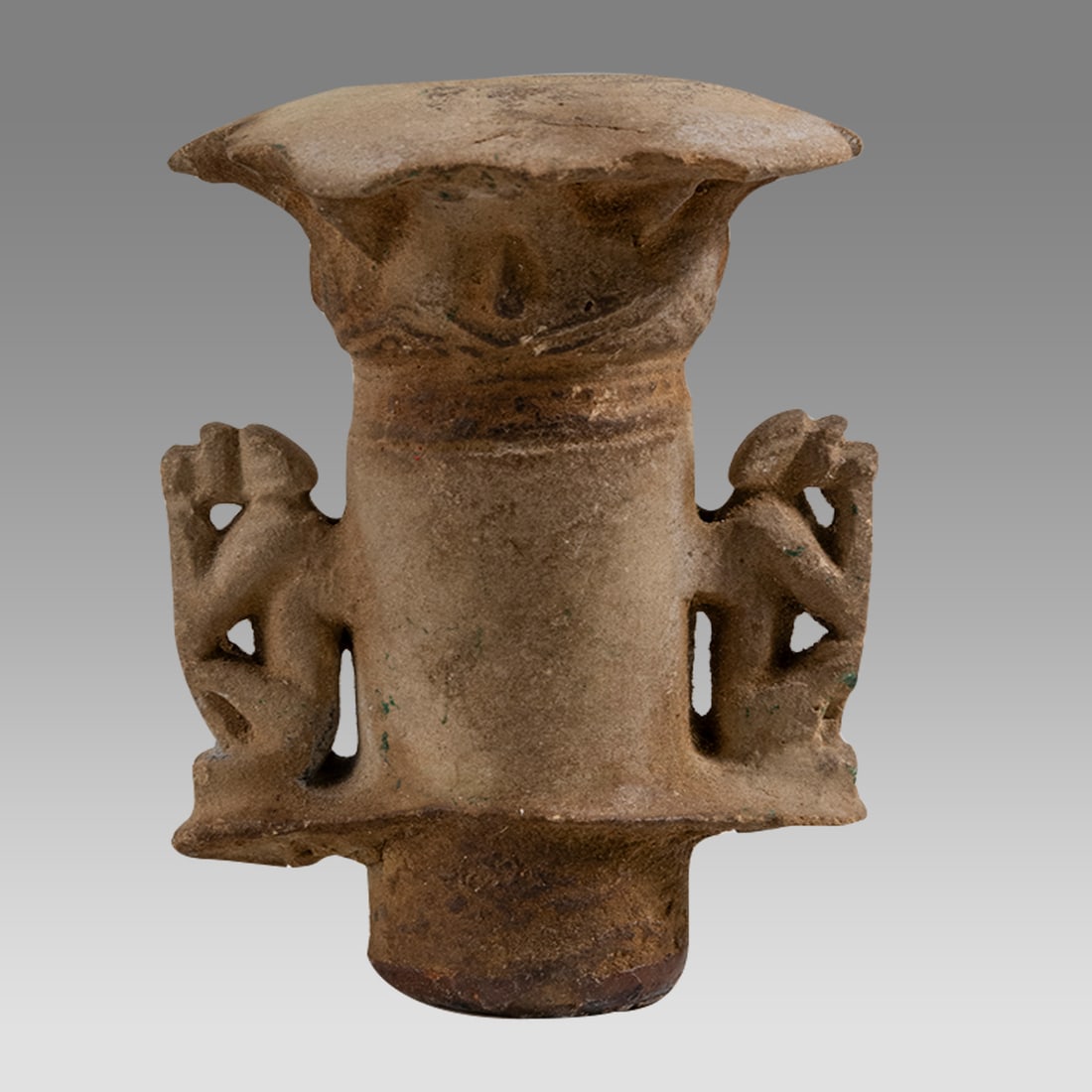 Egyptian Faience Flask Spout with Squatting Baboons. (1 of 2)