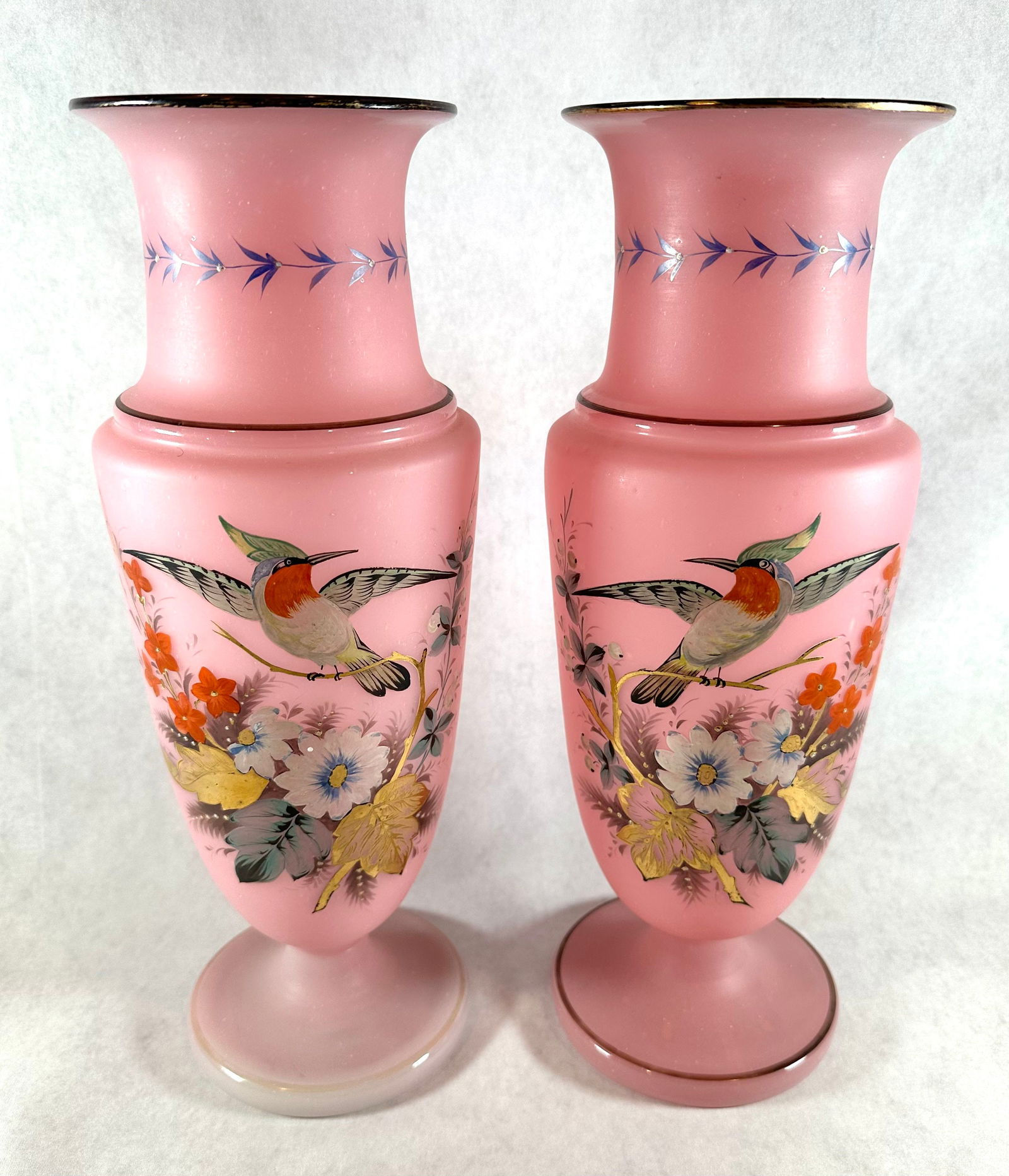 Large Pair of 19C opaline Moser hand painted enamel Bristol vases (1 of 5)