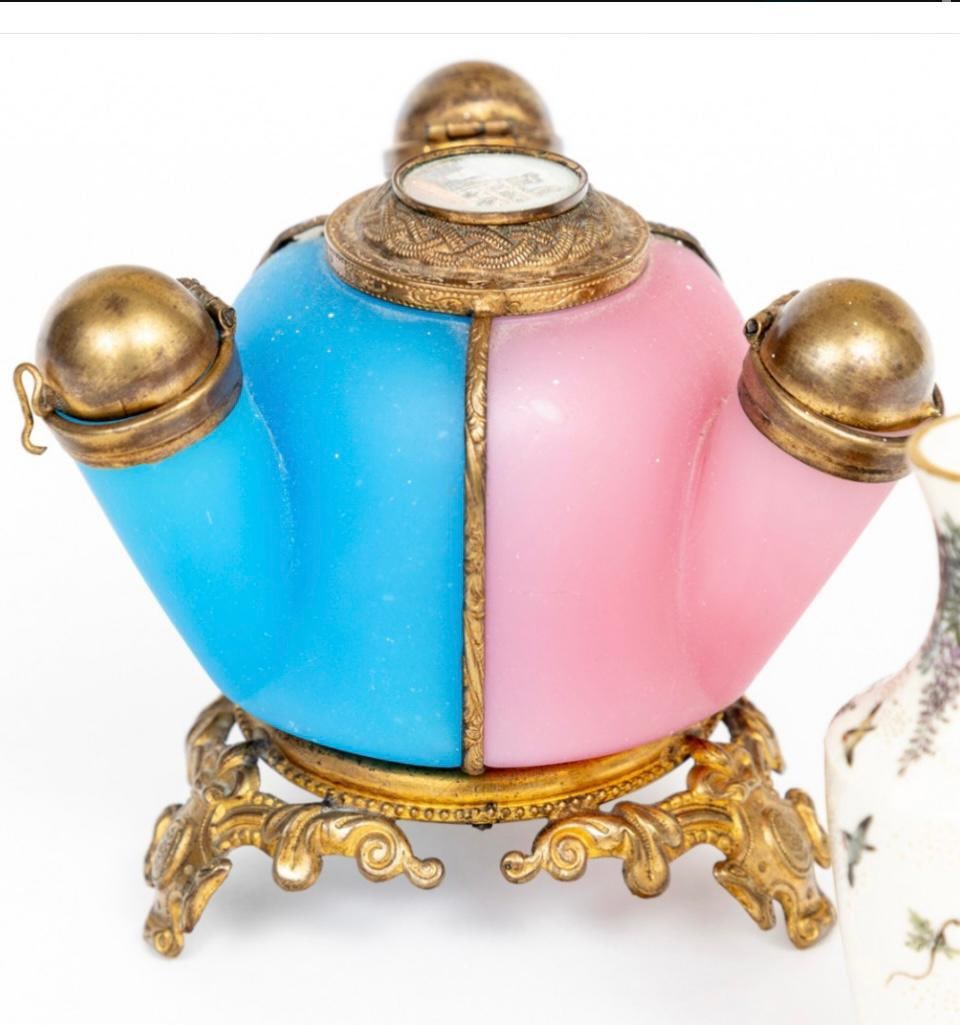 Rare 19th century antique French opaline glass bronze ormolu cologne bottle (1 of 5)