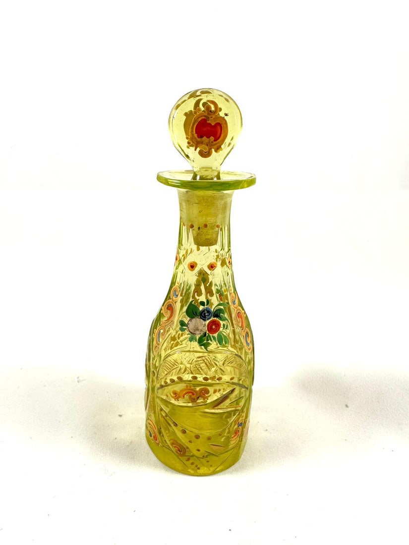 Rare antique bohemian Moser Vaseline uranium enameled glass perfume bottle (1 of 3)