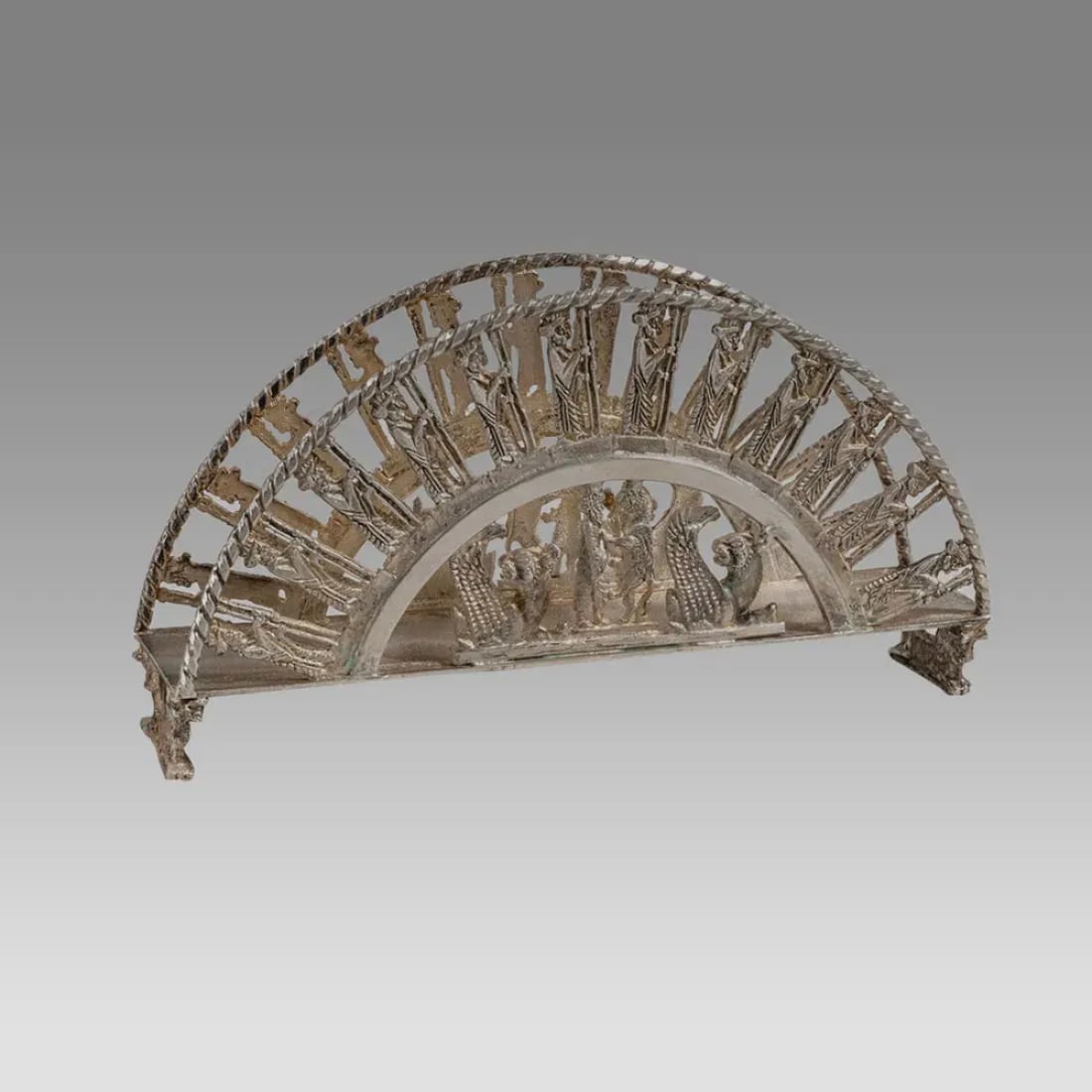 Fine Persian Silver Footed Holder.: Fine Persian Silver Footed Holder. Size 6 1/2 inches wide - 3 3/8 inches high. Weight 248 grams. Fine Persian Silver footed Napkins holder decorated with Sasanian kings scene.