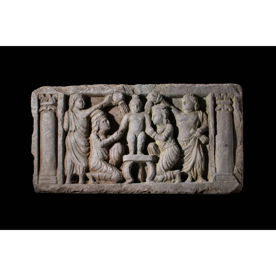 A Gandharan Carved Grey Schist Stone relief with Birth of Bodhisattva c.2nd century AD. (1 of 4)