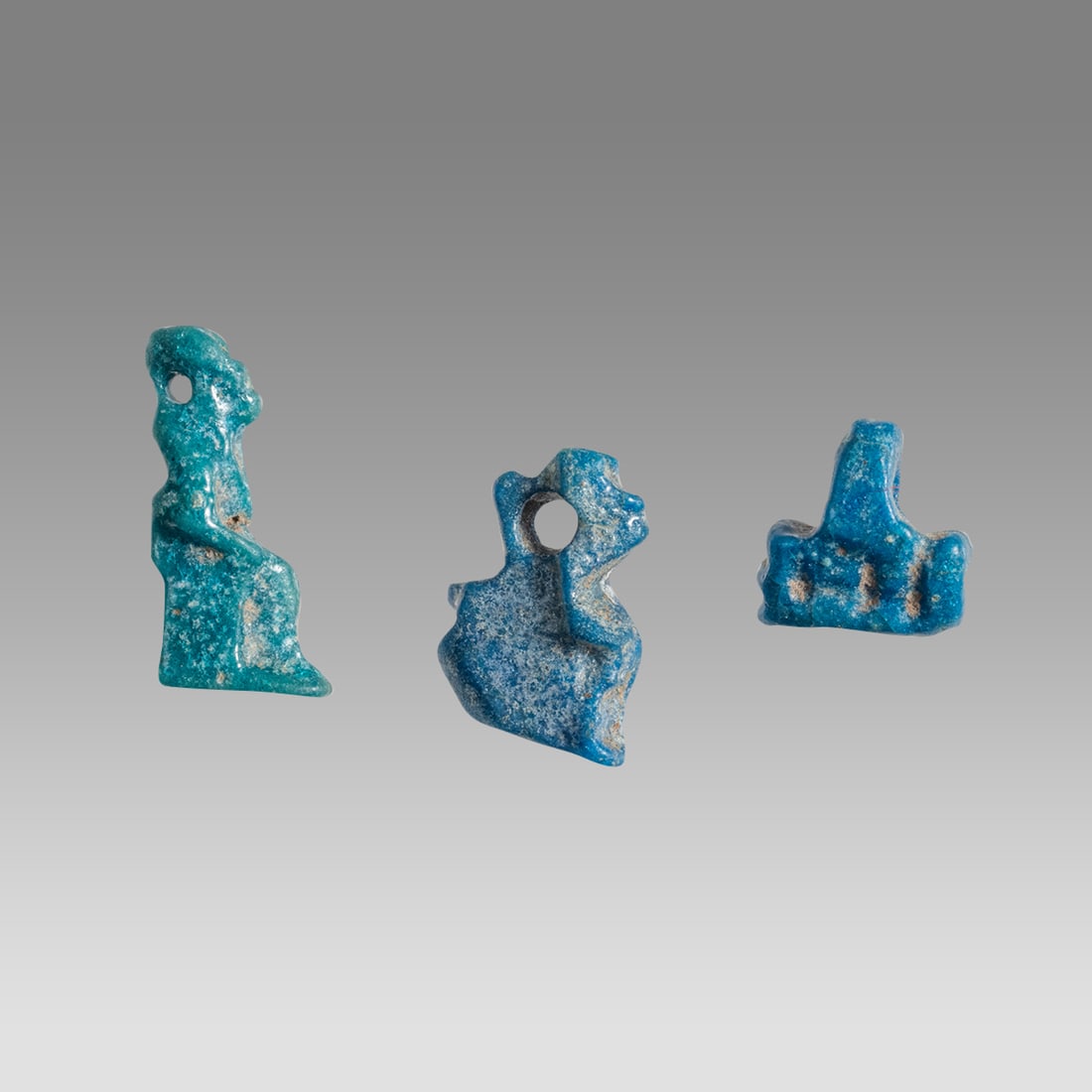 Lot of 3 Ancient Egyptian Minitaure Blue Faience Amulets, Bastet, Isis, Nut as a Saw c.634-330 BC. (1 of 2)