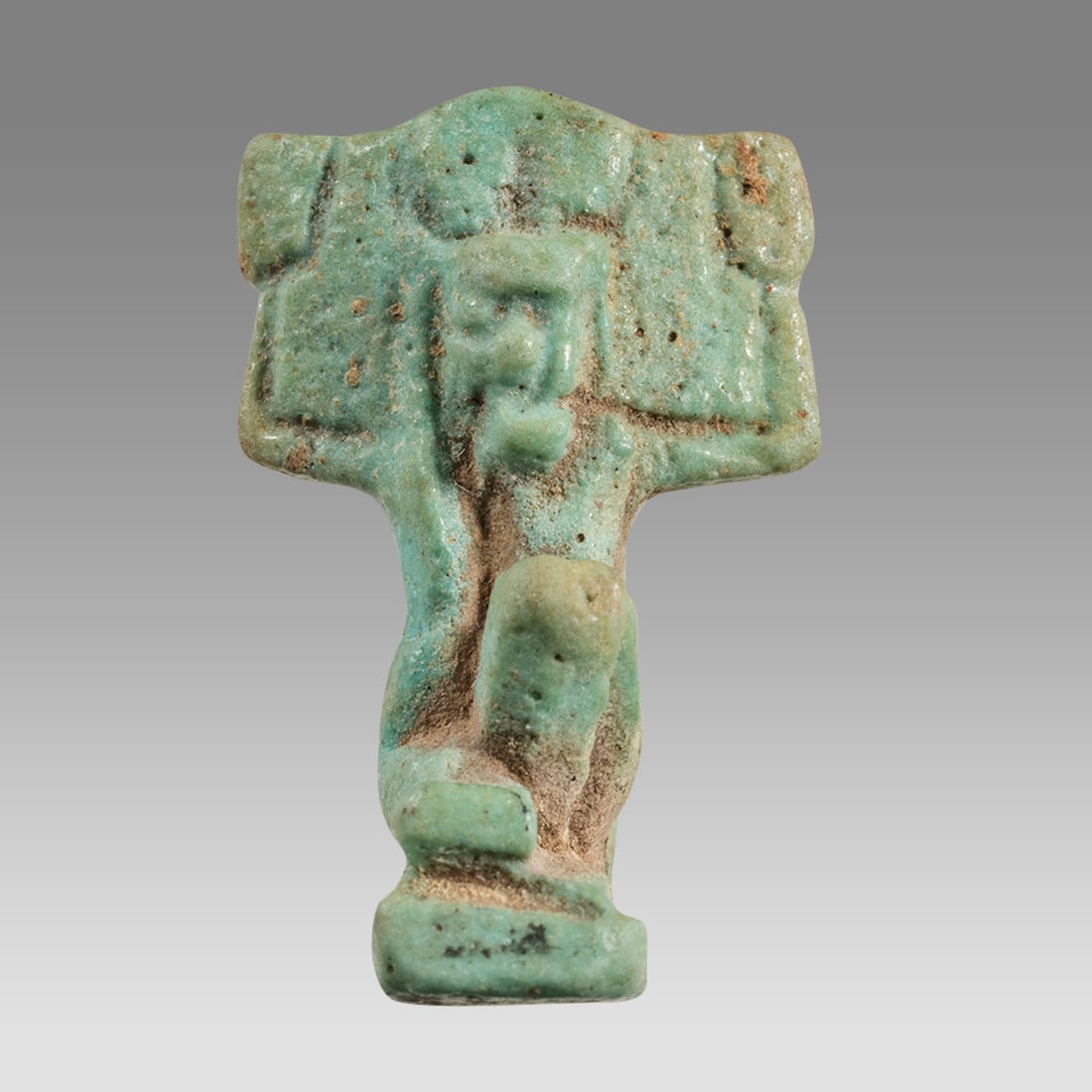 Ancient Egypt, Late Period Faience Amulet Of Shu c.634-330 BC.: Ancient Egypt, Late Period Faience Amulet Of Shu c.634-330 BC. Size 32 mm. A green faience amulet of Shu with suspension hole at back pillar. Custom mounted. Provenance: From A Private St Louis, MO Do