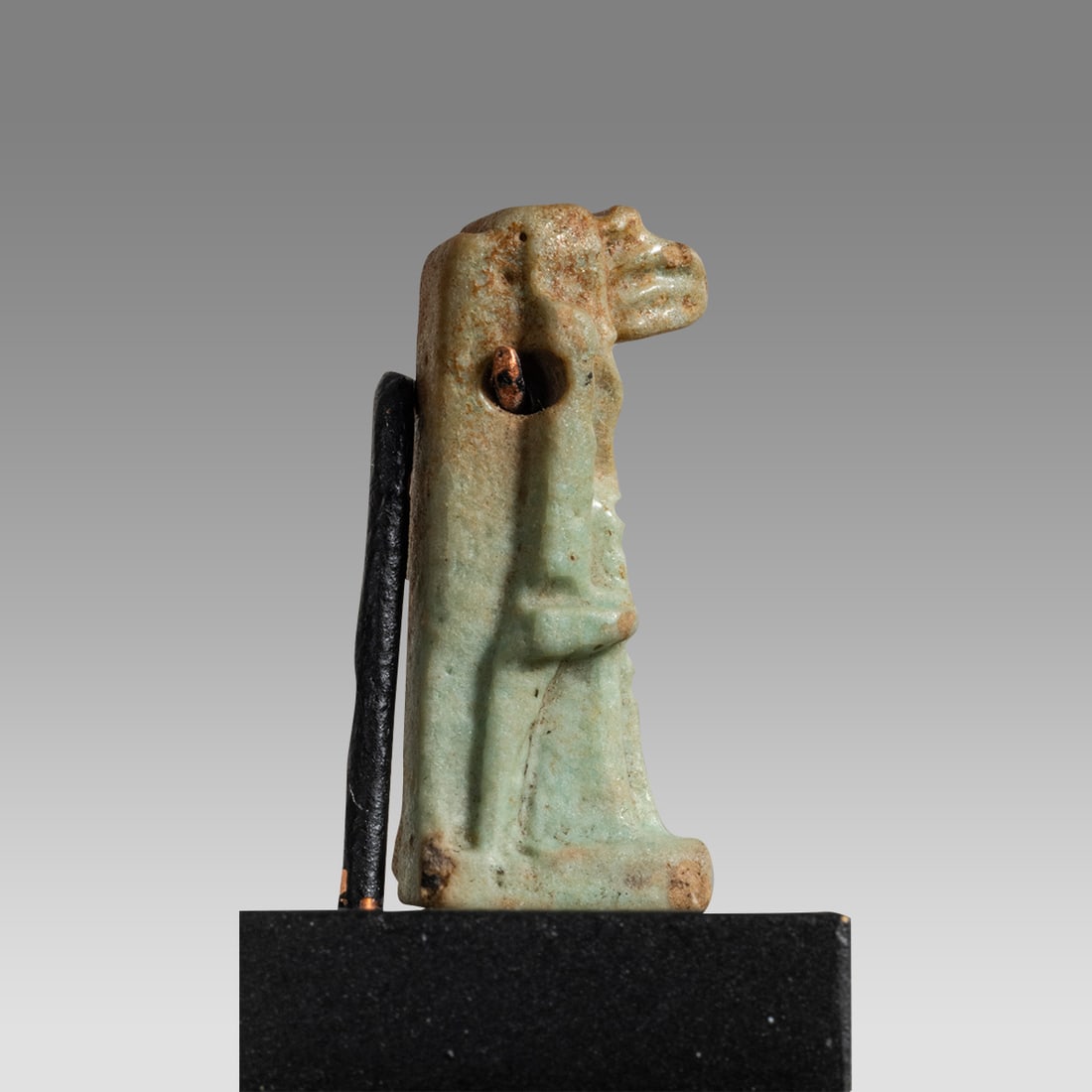 Ancient Egypt, Late Period Faience Amulet Of Thoth c.634-330 BC.: Ancient Egypt, Late Period Faience Amulet Of Thoth c.634-330 BC. Size 21 mm. A green faience amulet of Thoth with a two-tier, suspension hole at back. Custom mounted. Provenance: From A Private St Lou