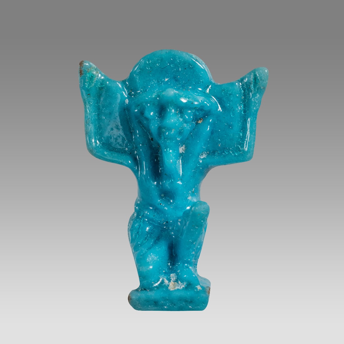 Ancient Egyptian Faience Shu god Amulet c.663-525 BC.: Ancient Egyptian Faience Shu god Amulet c.663-525 BC. Size 15 mm. Fine blue faience, shu god amulet. Suspension at back pillar. Provenance: Ex Secret Eyes Gallery New York 1970's-1980's