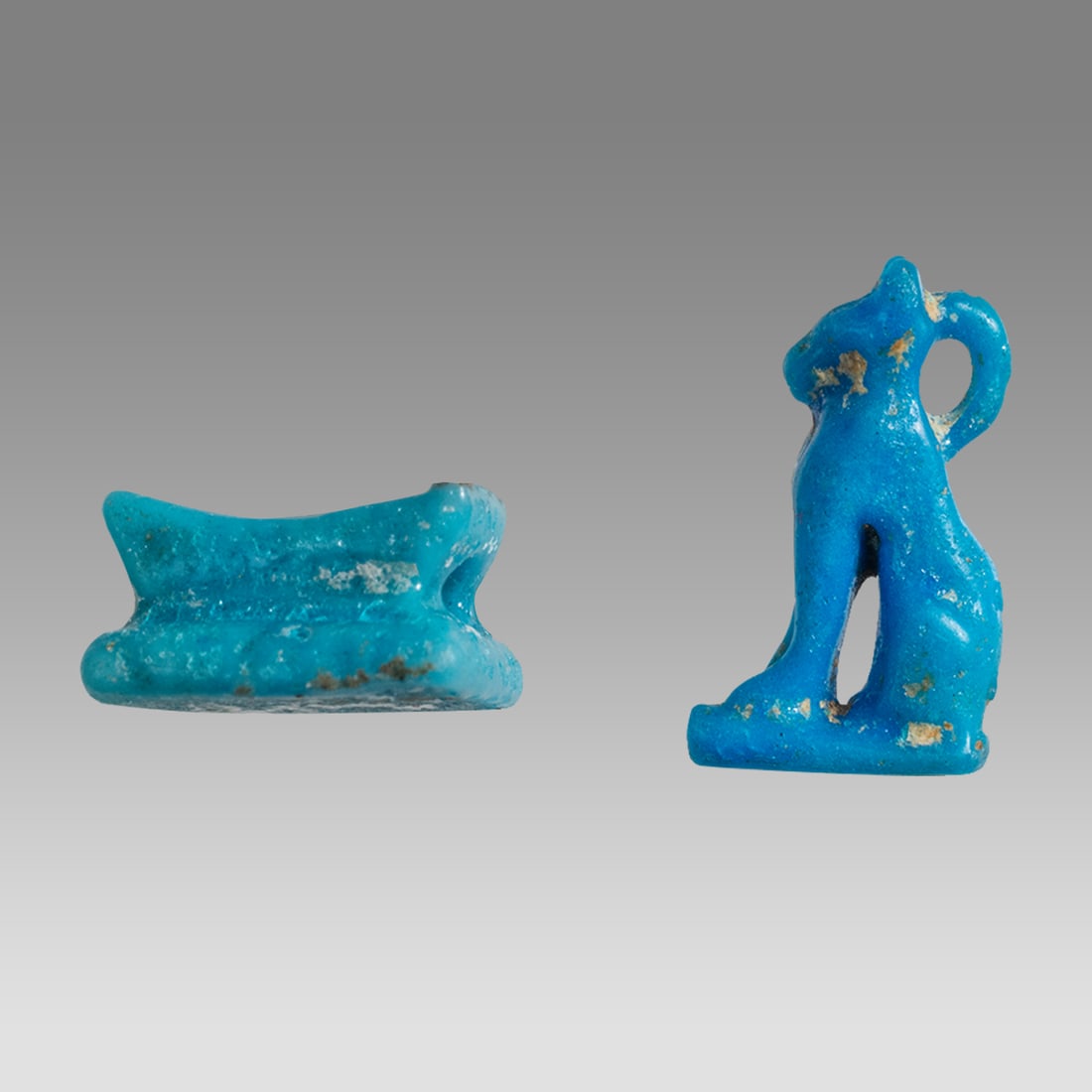 Lot of 2 Ancient Egyptian Bastet, Neck Rest Faience Amulets c.663-525 BC. (1 of 2)