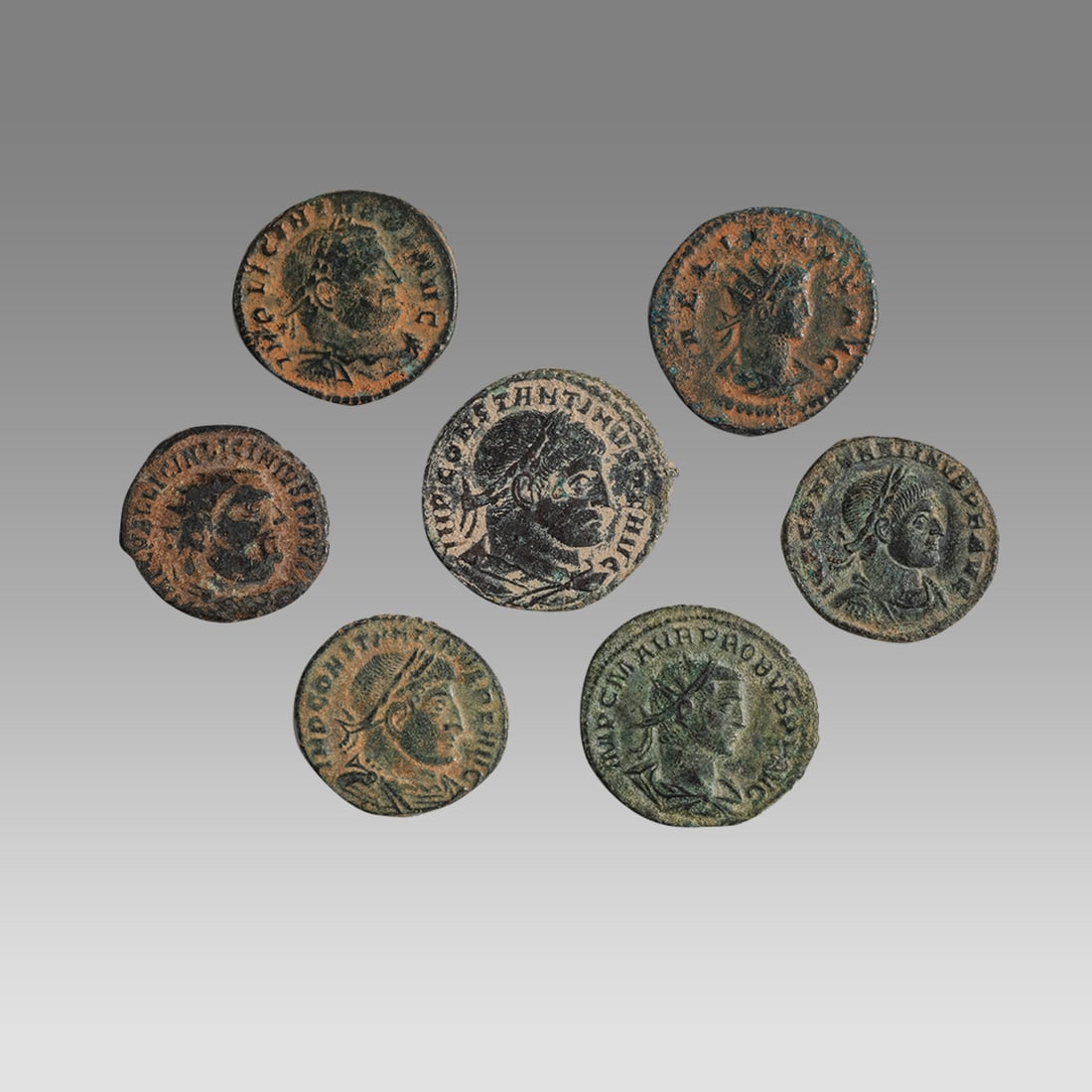 Lot of 7 Ancient Roman Bronze Coins c.3rd century AD.: Lot of 7 Ancient Roman Bronze Coins c.3rd century AD. Size 19-22 mm. Fine collection of 7 Late Roman Bronze coins Of Probus, 3 Constantinus, 2 Licinius and Gallerius. Fine quality and patina. Provenan
