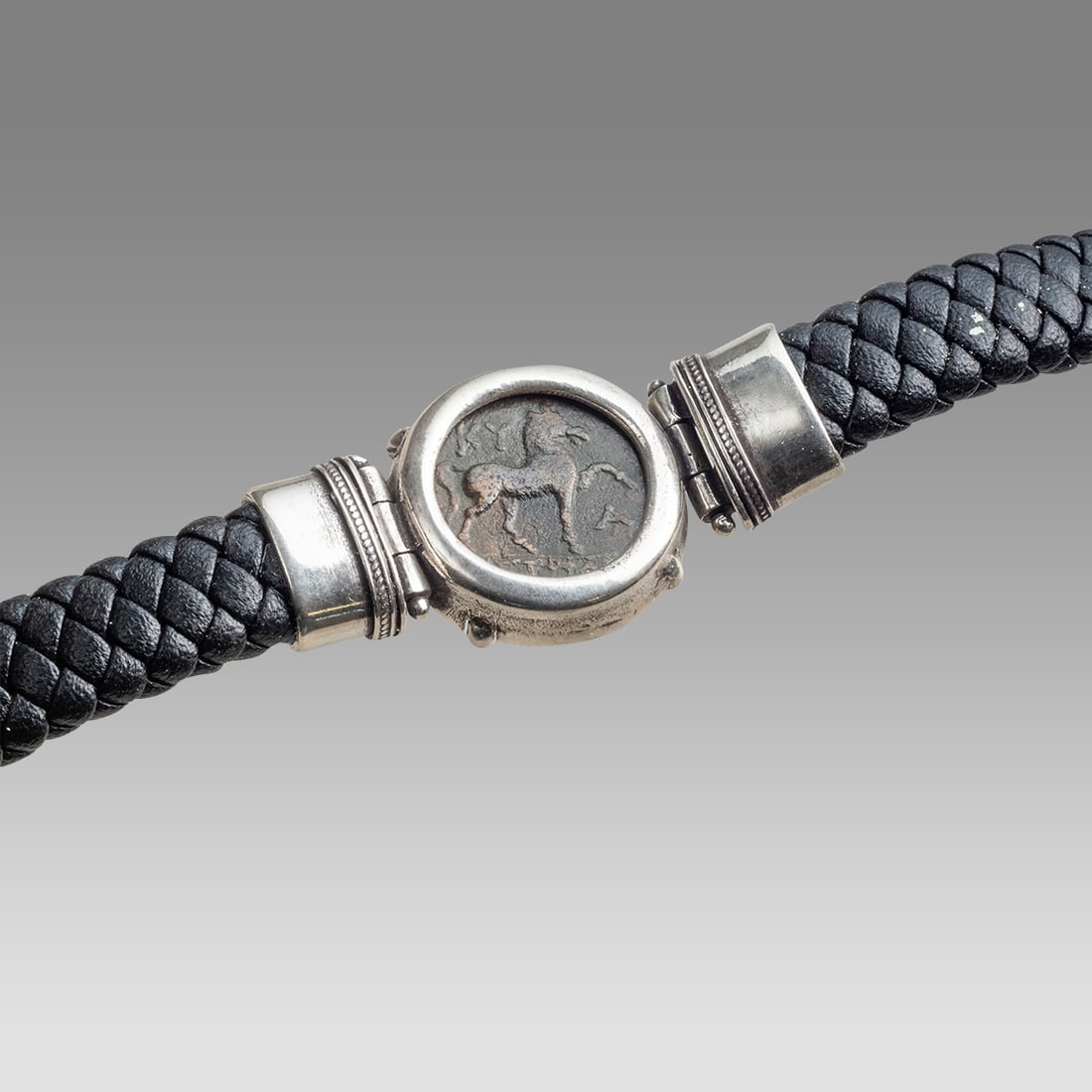 Silver and Leather Bracelet With Ancient Greek coin. Sicily. Syracuse. Hieron II (ca. 275-215 BC). (1 of 1)