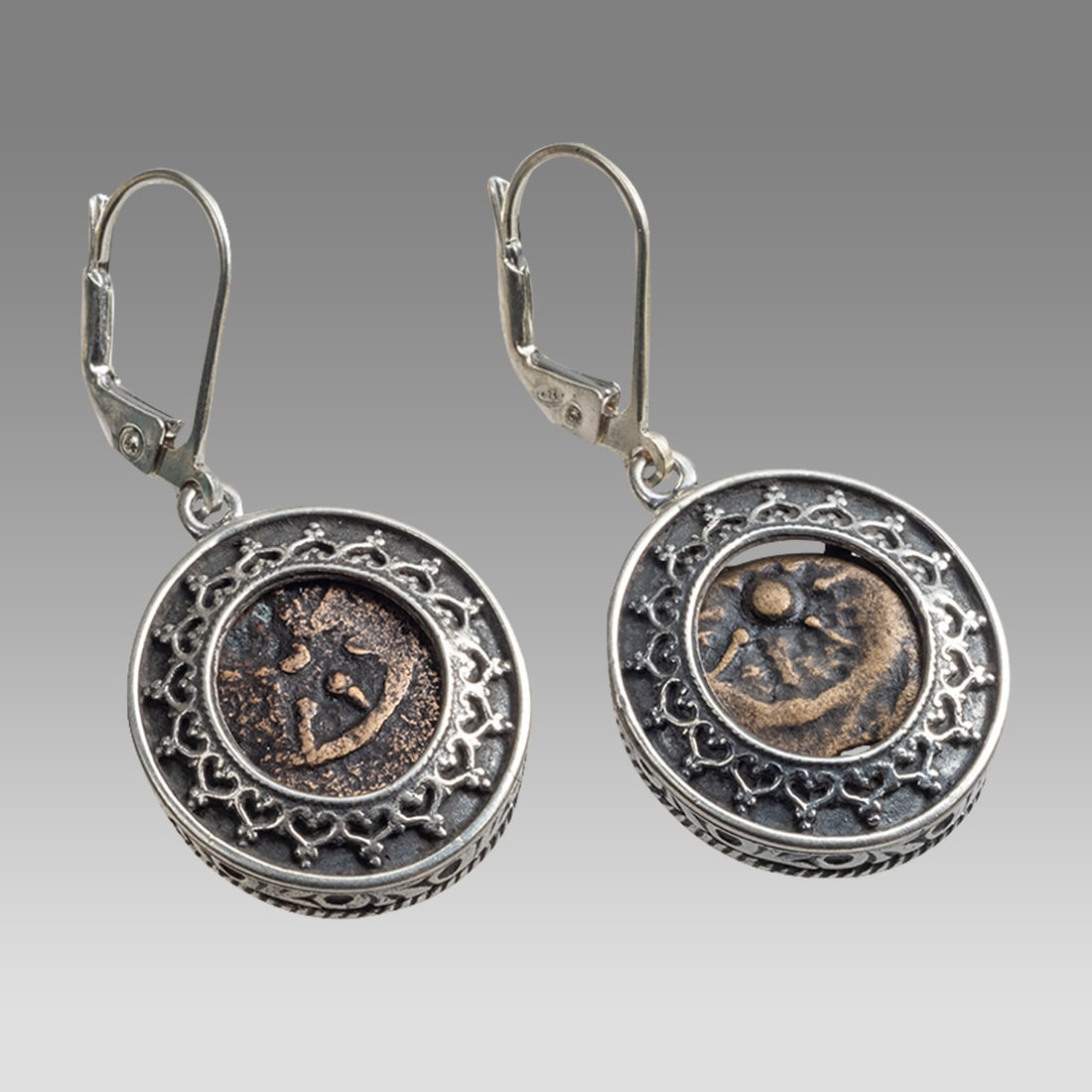 Ancient Widows Mites coins set in Silver earrings c.1st century BC. (1 of 1)