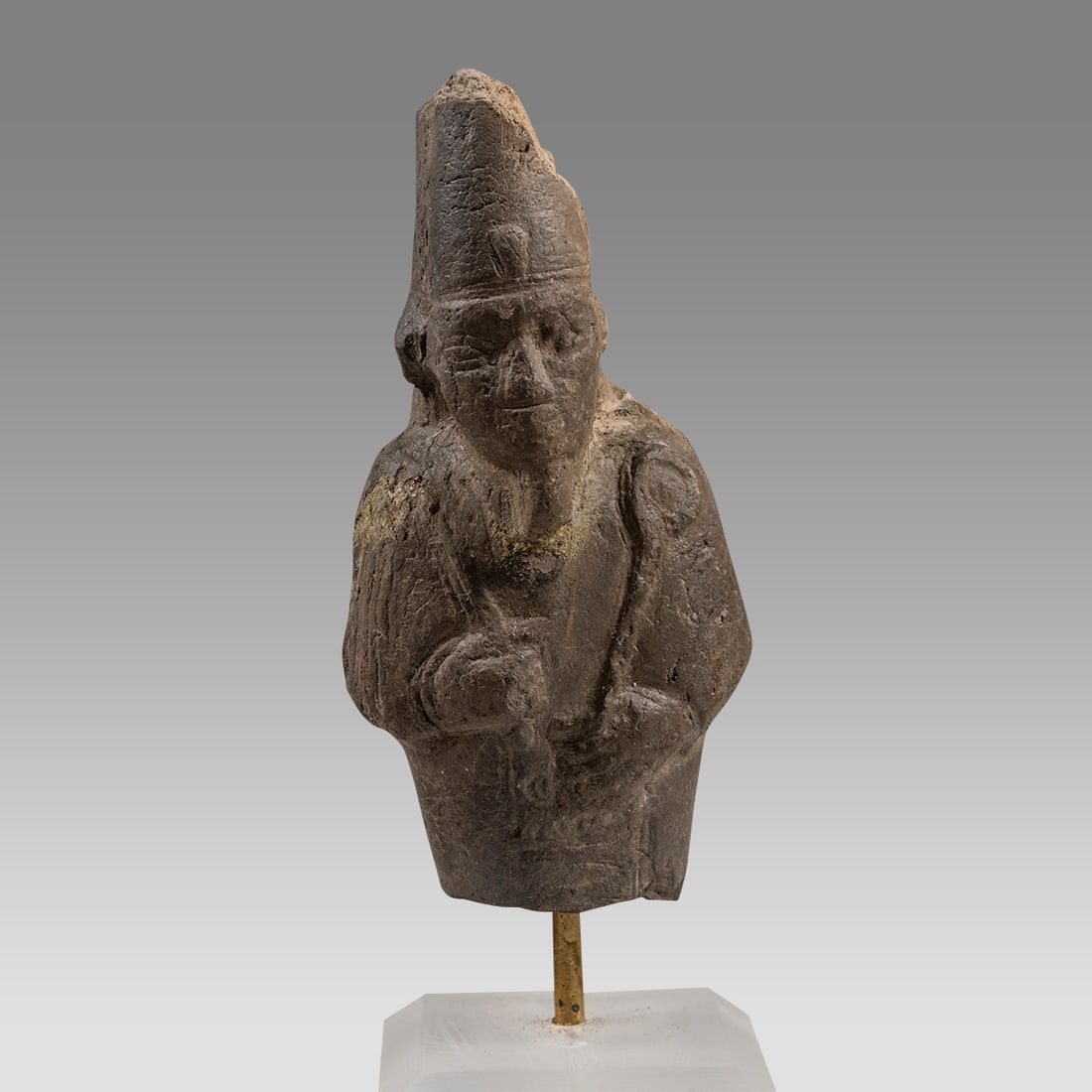 Ancient Egyptian Faience Osiris Figure Fragment Late Period c.664-332 BC.: Ancient Egyptian Faience Osiris Figure Fragment Late Period c.664-332 BC. Size 4 1/4 inches high + stand. A dark faience Osiris figure fragment with Hieroglyph text. A fragment from full figure. Prove