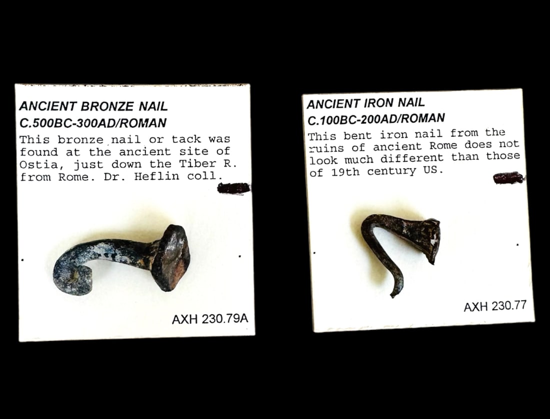 Lot of 2 Roman period nails – ex-Dr. Heflin collection.  Label says they were found in Rome.  1st (1 of 3)