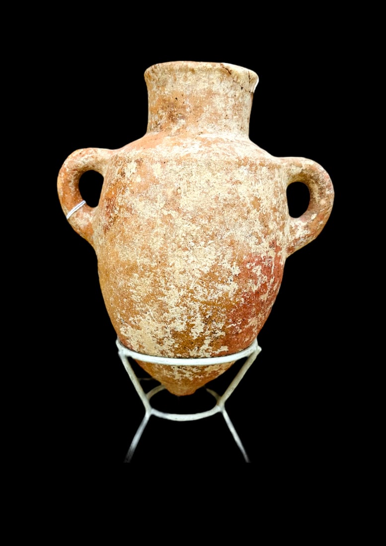 Late Iron Age (Iron Age II) Terra Cotta Amphoriskos c.1000-800 BC.: Late Iron Age (Iron Age II) Terra Cotta Amphoriskos c.1000-800 BC. Size 9 1/2 inches high + stand, 7 3/4 inches across handles. Comes with stand. Time of divided monarchy and prophets in the Old Testa