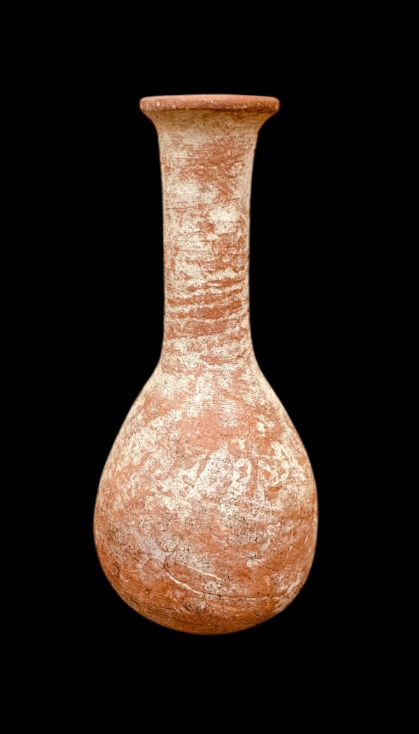 Ancient Holy land Terra Cotta Bottle – Herodian period – 100 BC – 100 AD.: Ancient Holy land Terra Cotta Bottle – Herodian period – 100 BC – 100 AD. Size 4 5/8 inches high. Used to hold olive oil. These are the kind of bottle that would have been used to hold the “ex