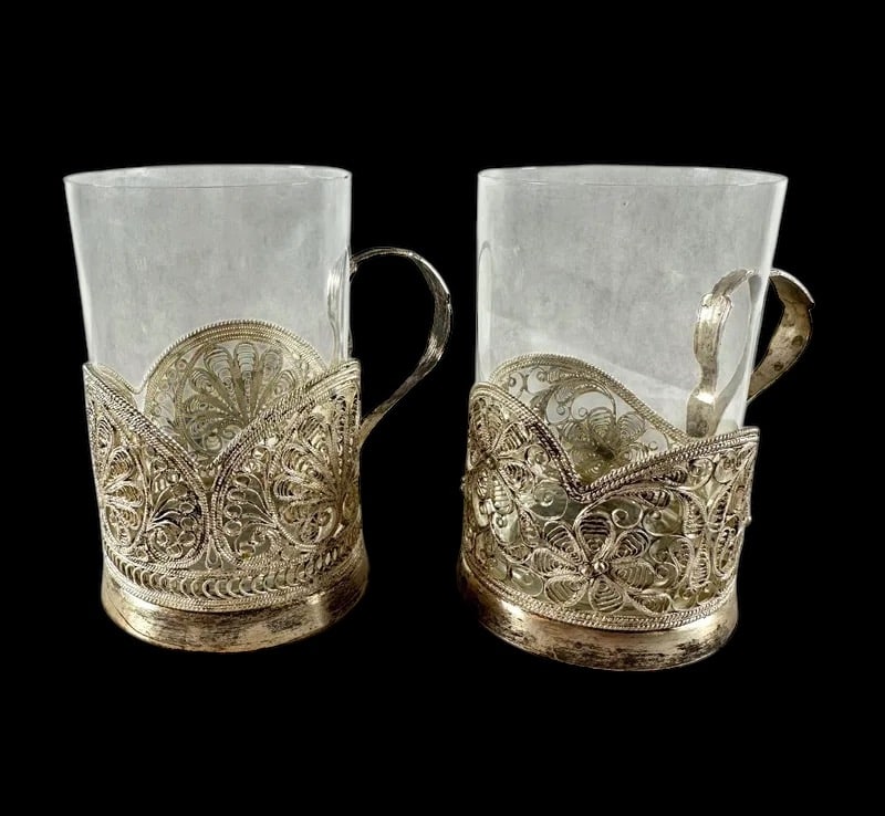 Pair of Silver Melchior Filigree Tea Glass Cup holders Mstera USSR 1964 (1 of 8)